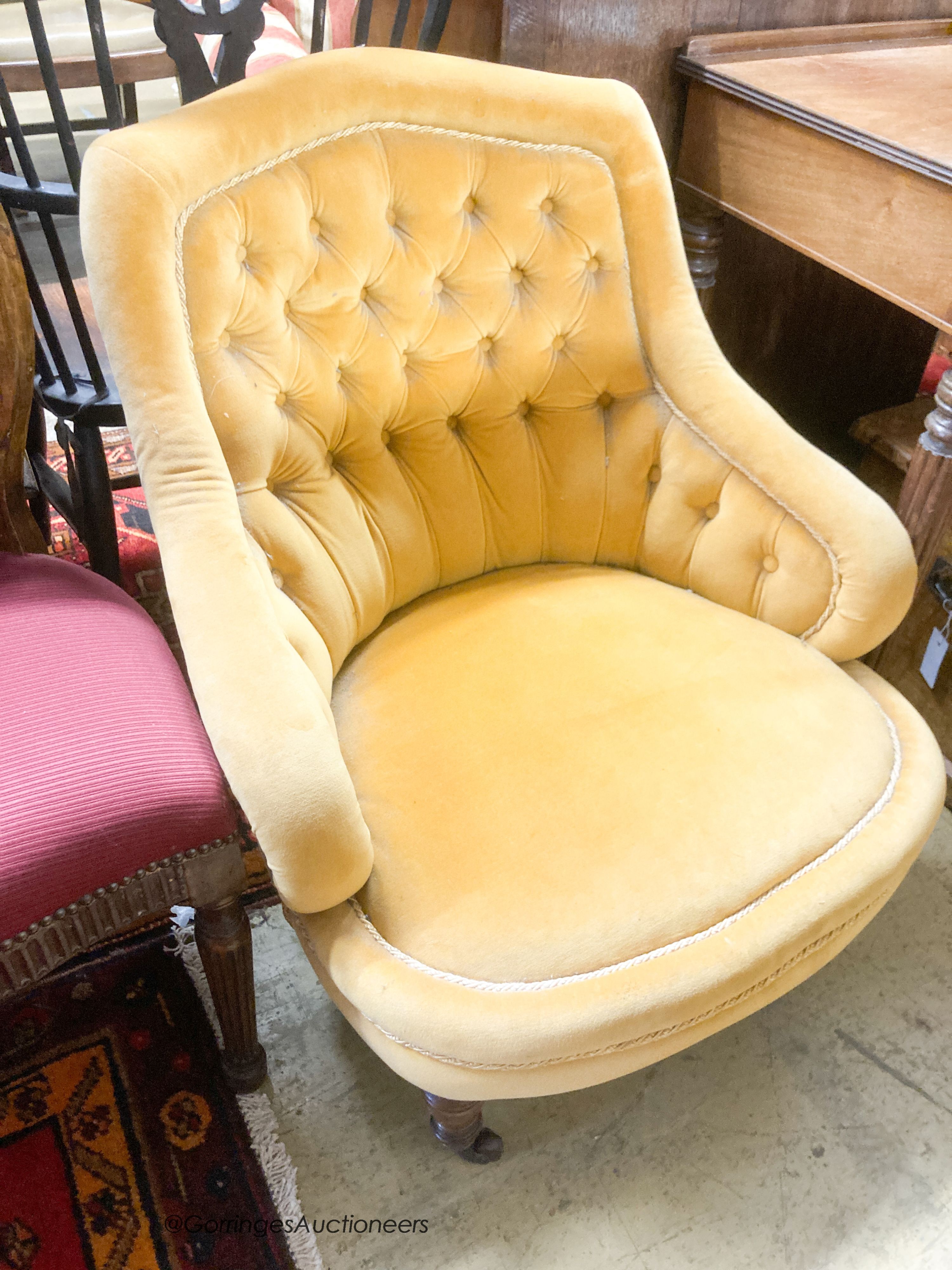 A Louis XV side chair (formerly gilded) and a Victorian buttoned gold dralon nursing chair (2)